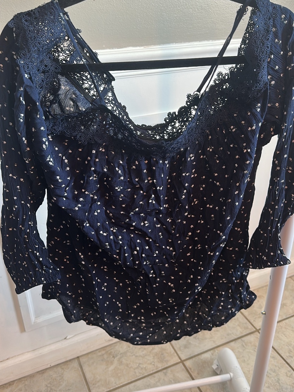 Daytrip Navy Lace-Trim Floral Peasant Blouse